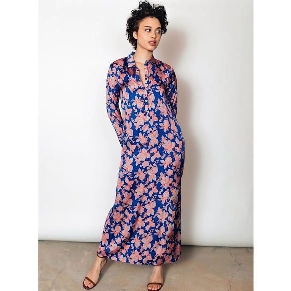 NWT CHLOE KRISTYN Floral Satin Long Sleeve Collared Henley Maxi Shirt Dress M - Picture 1 of 5